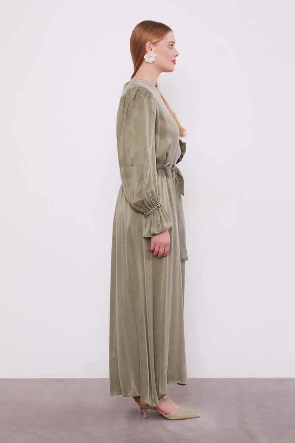 LevidorYeşil Çiçek Aksesuarlı Cupra Elbise