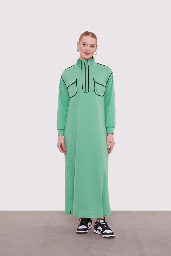 LevidorYeşil Çizgi Cep Detaylı Elbise