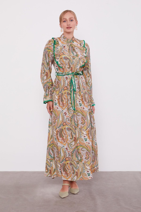 LevidorYeşil Fırfırlı Etnik Desen Elbise