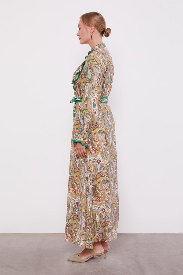 LevidorYeşil Fırfırlı Etnik Desen Elbise