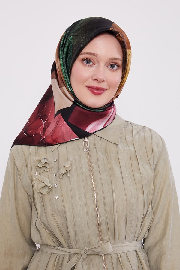 LevidorYeşil Karışık Desen Twill İpek Eşarp