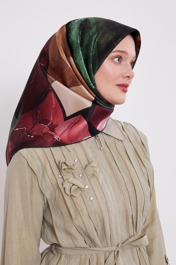 LevidorYeşil Karışık Desen Twill İpek Eşarp