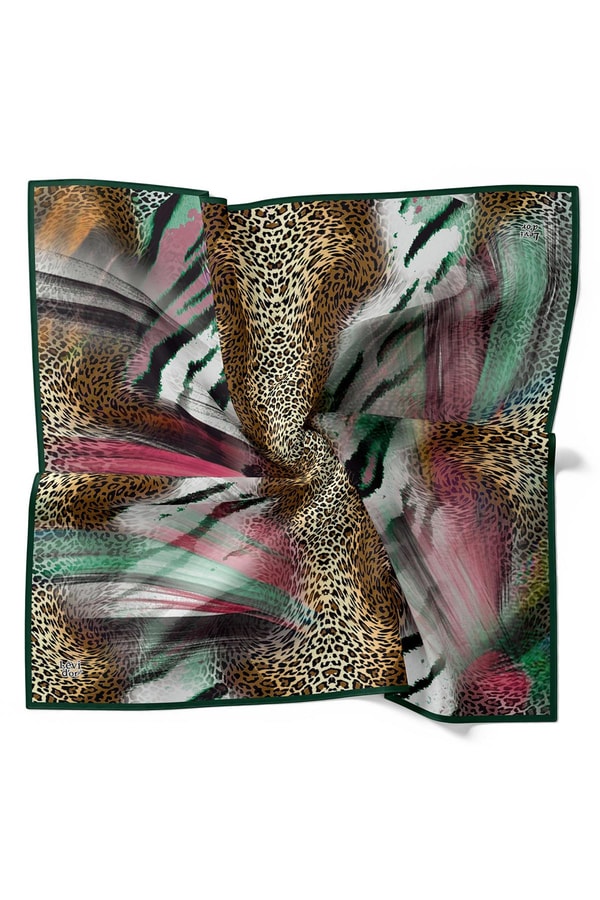 LevidorYeşil Karışık Leopar Desen Twill İpek Eşarp