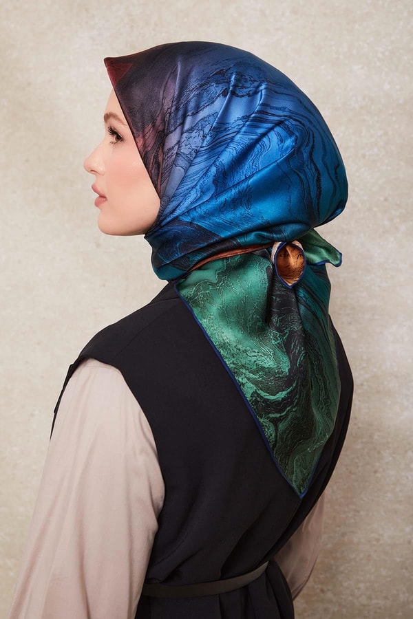 LevidorYeşil Karmaşık Desen Twill İpek Eşarp