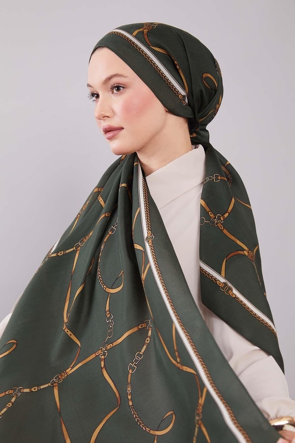 LevidorYeşil Kemer Desenli Yün İpek Şal