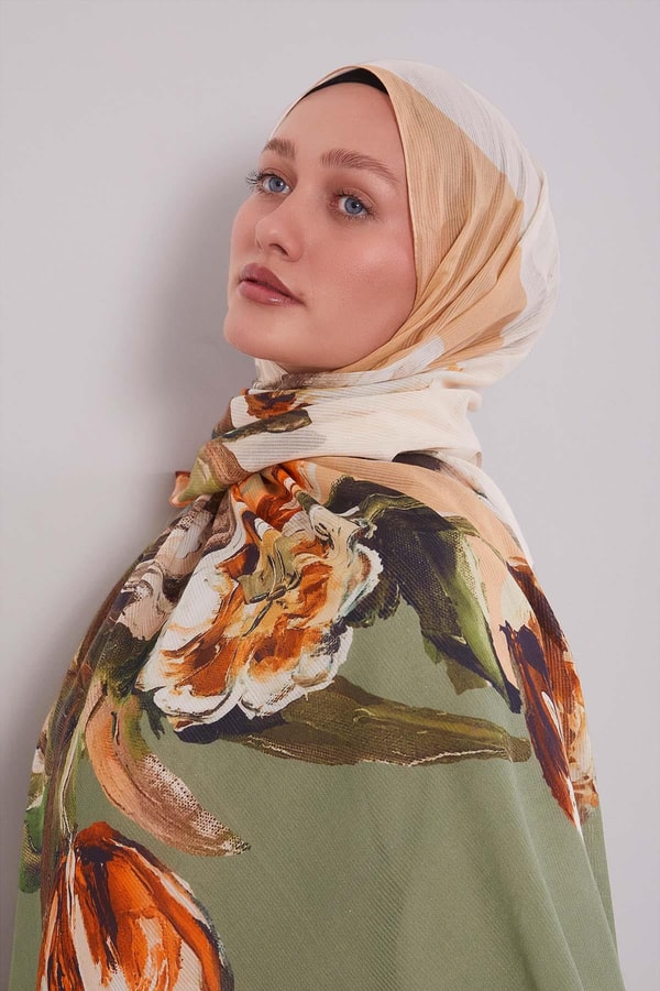LevidorYeşil Lale Desen Pamuk Şal