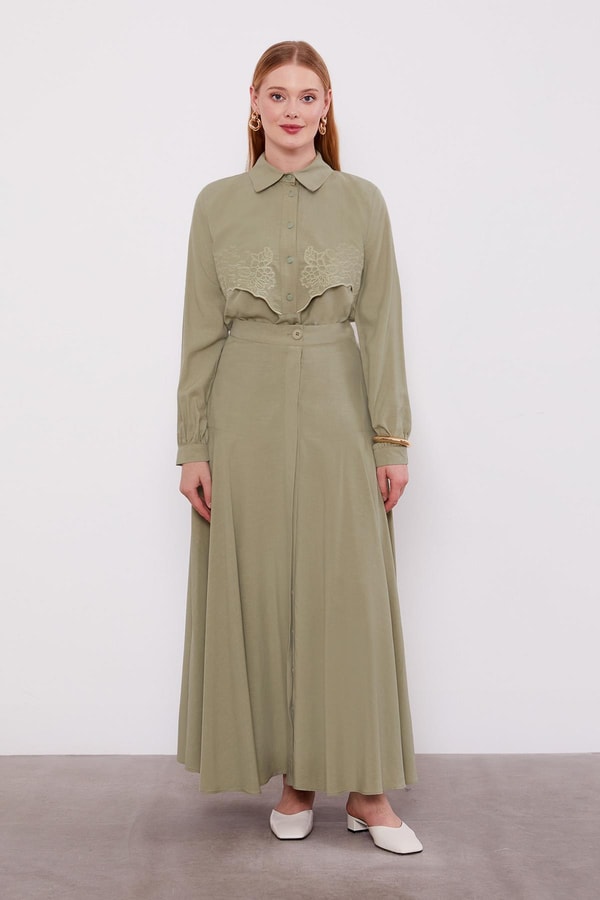 LevidorYeşil Nakış Detaylı Cupra Etek Takım