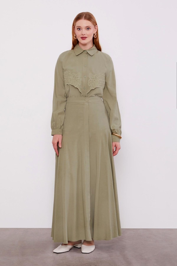 LevidorYeşil Nakış Detaylı Cupra Etek Takım