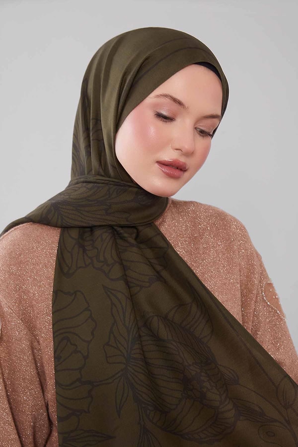 LevidorYeşil Sümbül Çiçek Desen Yün İpek Şal