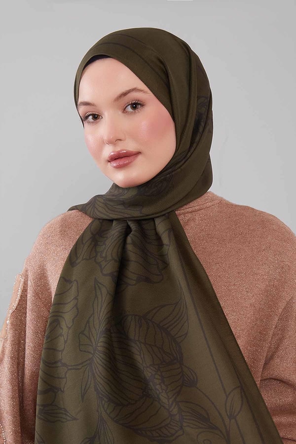 LevidorYeşil Sümbül Çiçek Desen Yün İpek Şal
