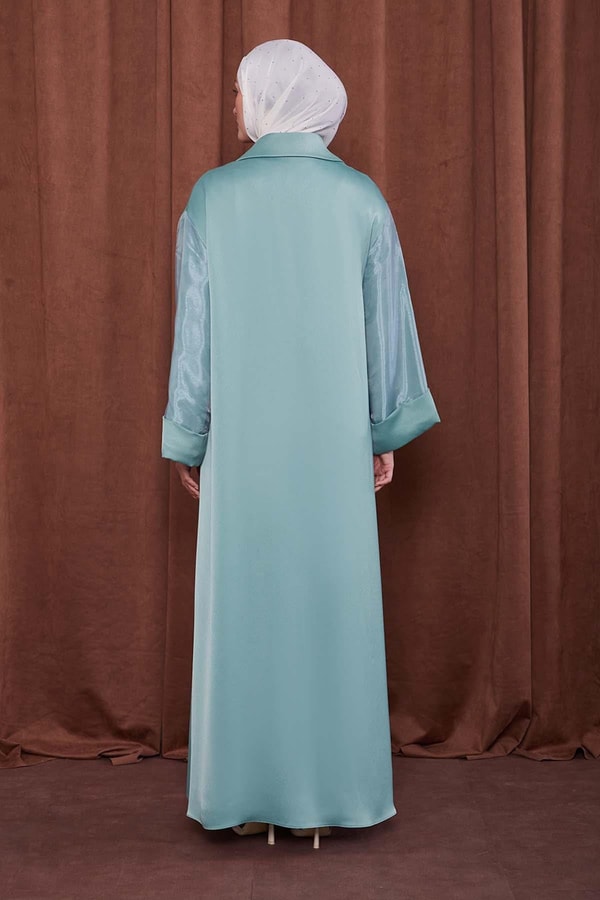 LevidorYeşil Taş Broş Detaylı Saten Ferace