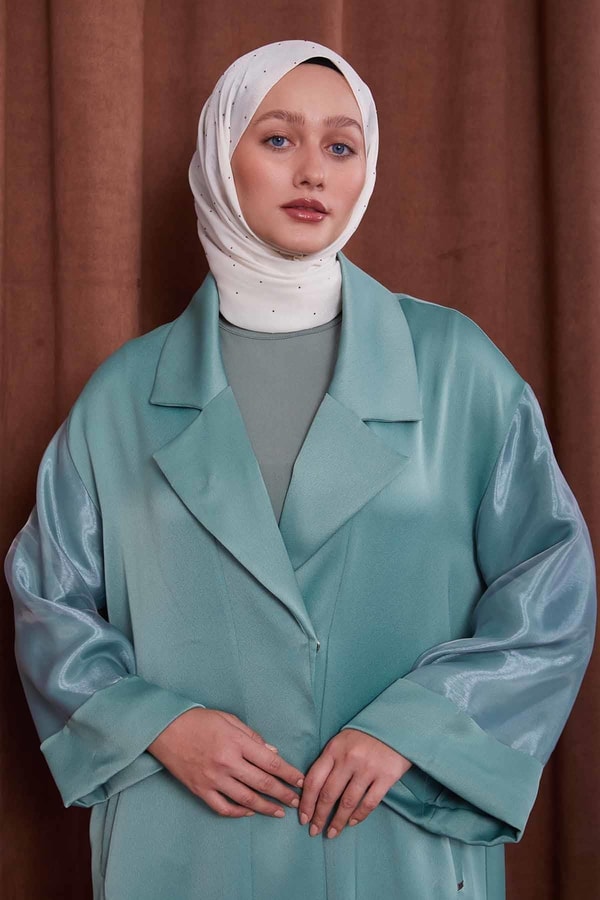 LevidorYeşil Taş Broş Detaylı Saten Ferace