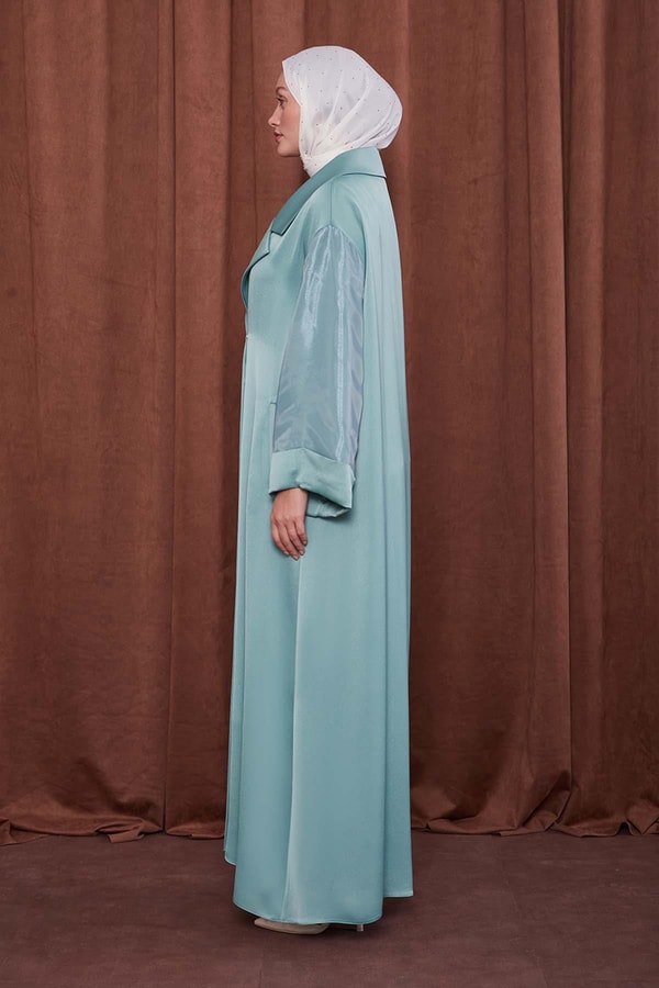 LevidorYeşil Taş Broş Detaylı Saten Ferace