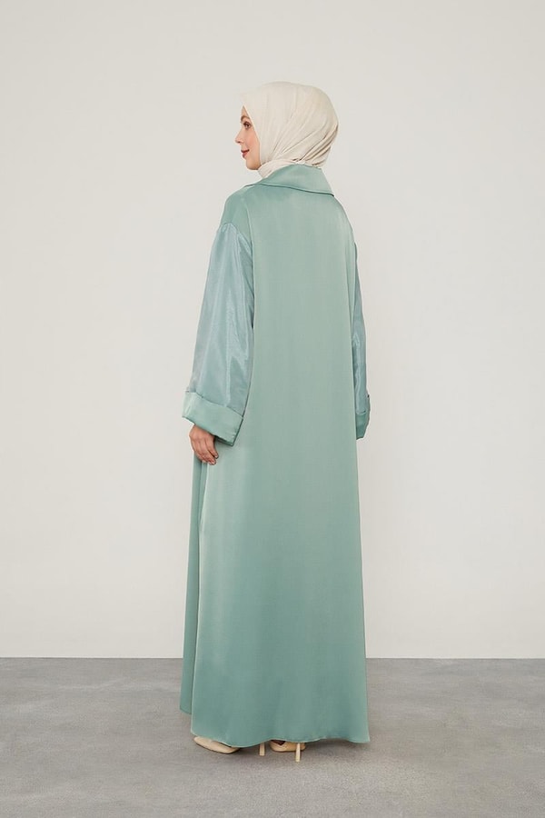 LevidorYeşil Taş Broş Detaylı Saten Ferace