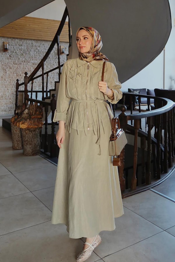 LevidorYeşil Yakası Taş Detaylı Cupra Etek Takım