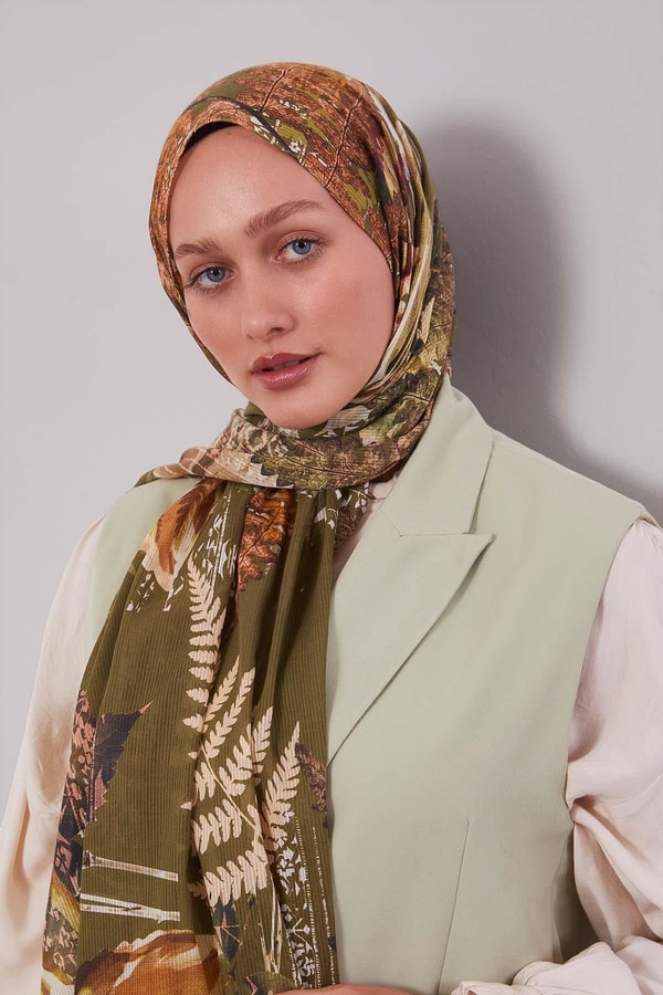 LevidorYeşil Yaprak Desen Pamuk Şal