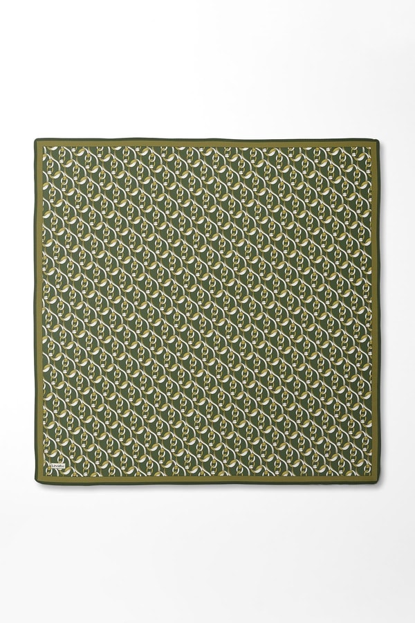 LevidorYeşil Zincirli Desenli Twill İpek Eşarp