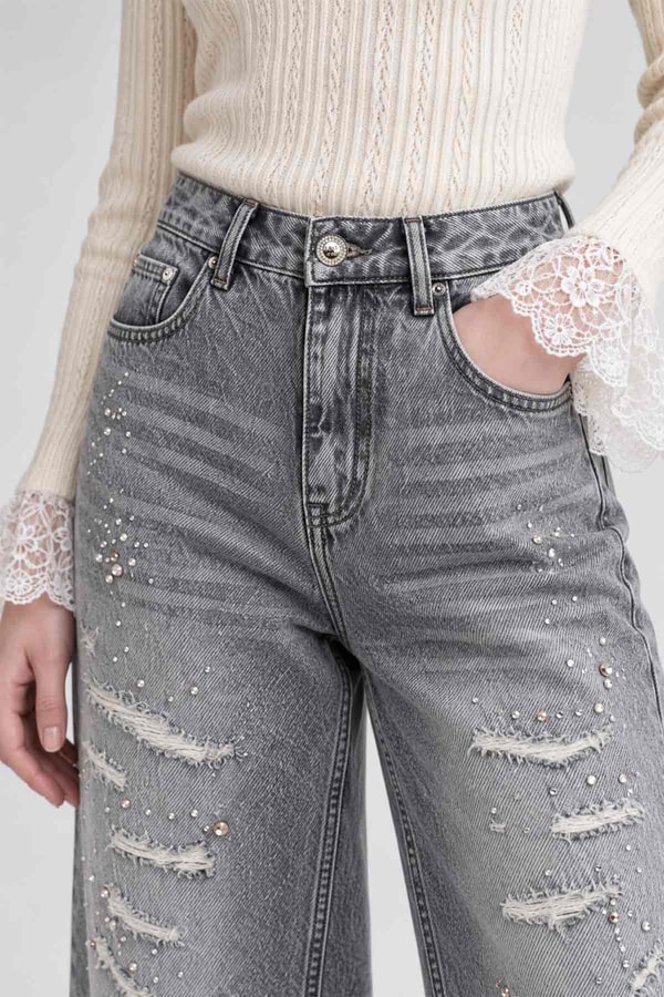 LevidorYıpratma Detaylı Jean Pantolon Gri