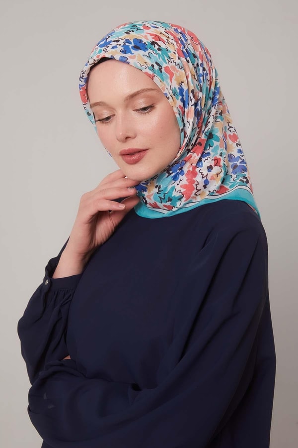LevidorYosun Yeşili Karışık Çiçek Desen Soft Eşarp