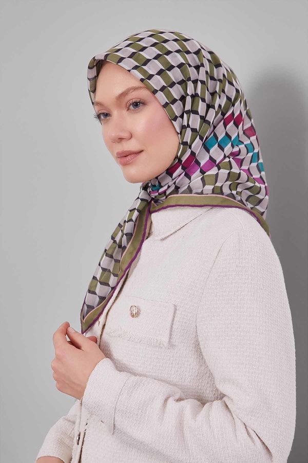LevidorZeytin Yeşili Küp Desen Soft Eşarp