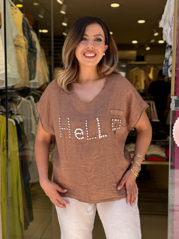 %100 Keten Hello İthal Bluz Taba