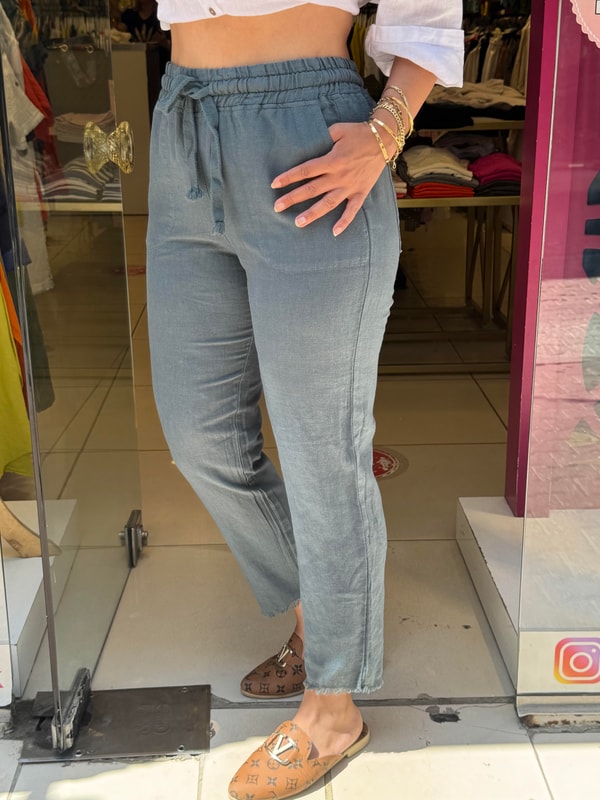 %100 Keten Paça Detaylı Pantolon Yeşil