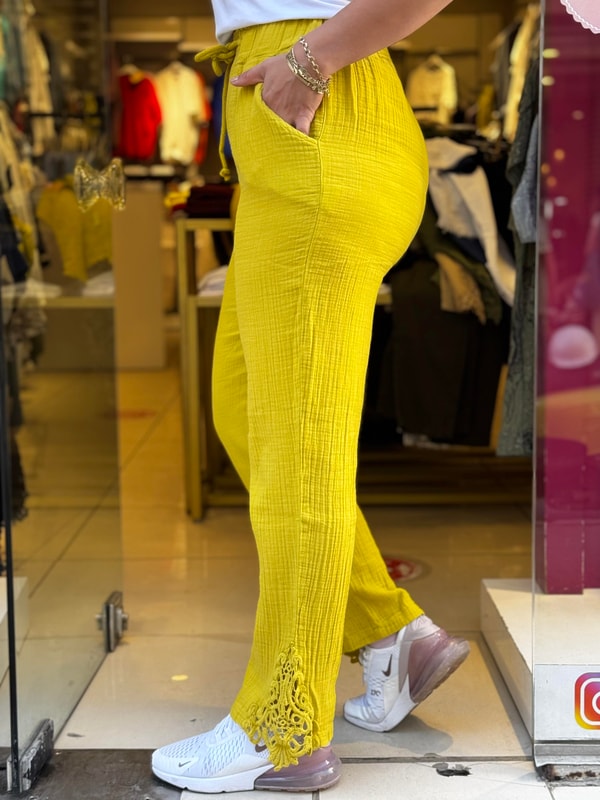 %100 Müslin Paça Nakışlı Pantolon Sarı