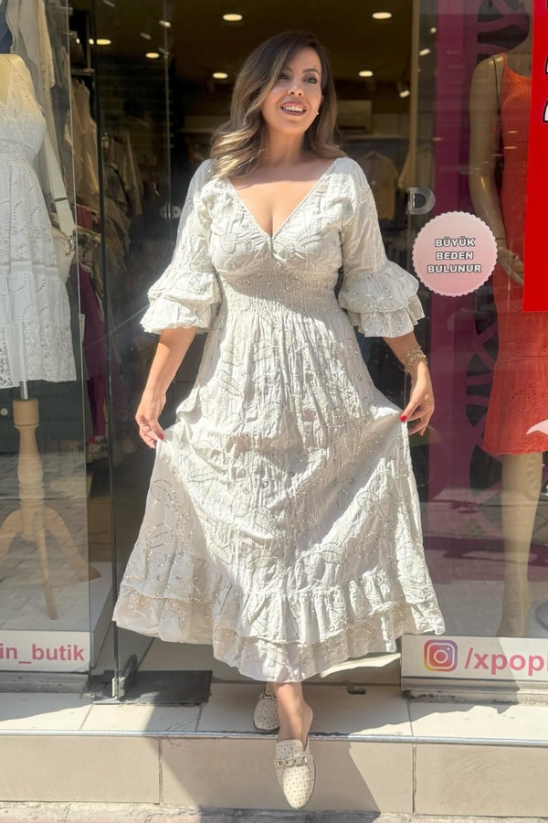 %100 Pamuk Derin V Yaka Payet İşleme Detaylı İthal Elbise