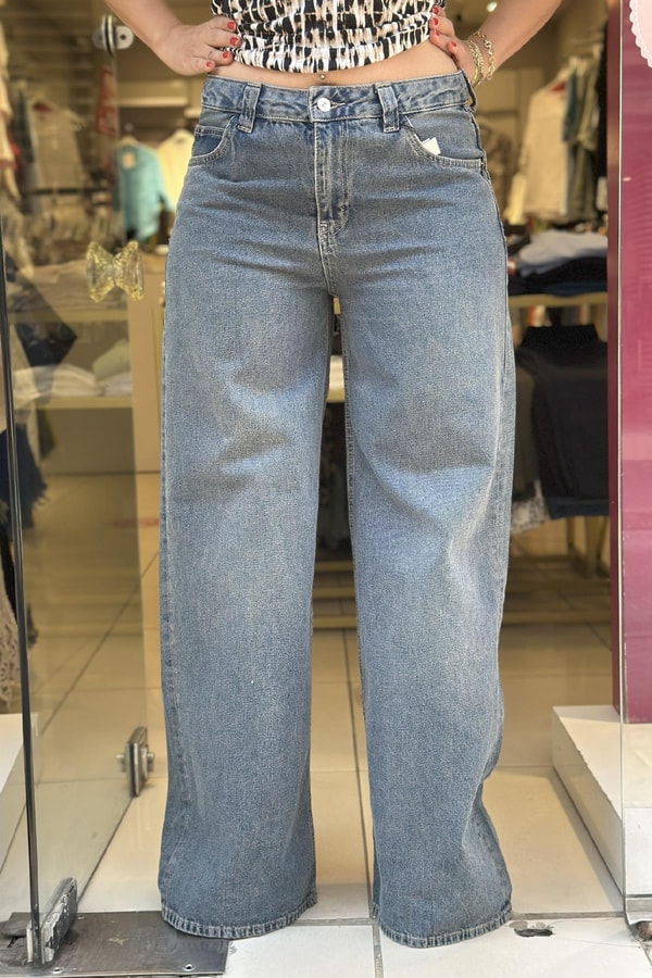 %100 Pamuk Düşük Bel Baggy Kot Pantolon Koyu İndigo