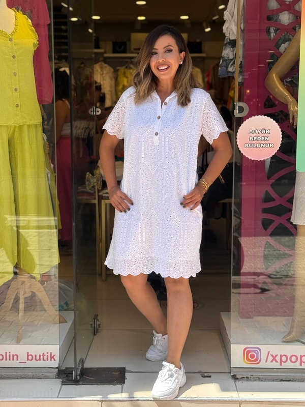 %100 Pamuk Polo Yaka Fistolu Elbise Beyaz