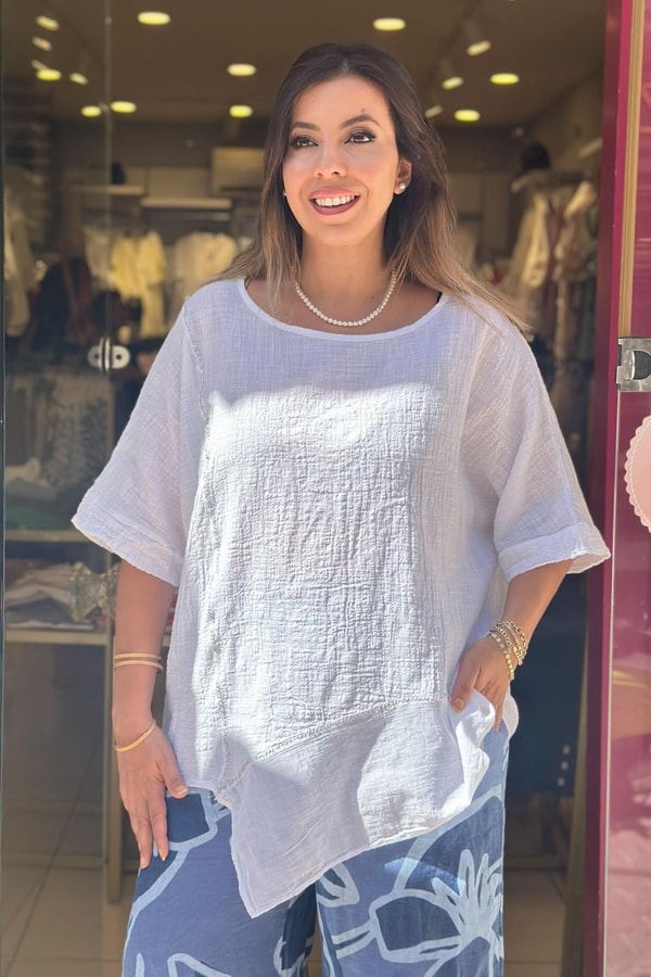 %100 Pamuk Sim Detaylı Asimetrik Kesim Bluz
