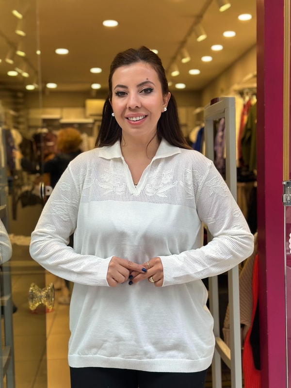 Ajur Detaylı Merserize Triko Uzun Kollu Polo Yaka Bluz Beyaz