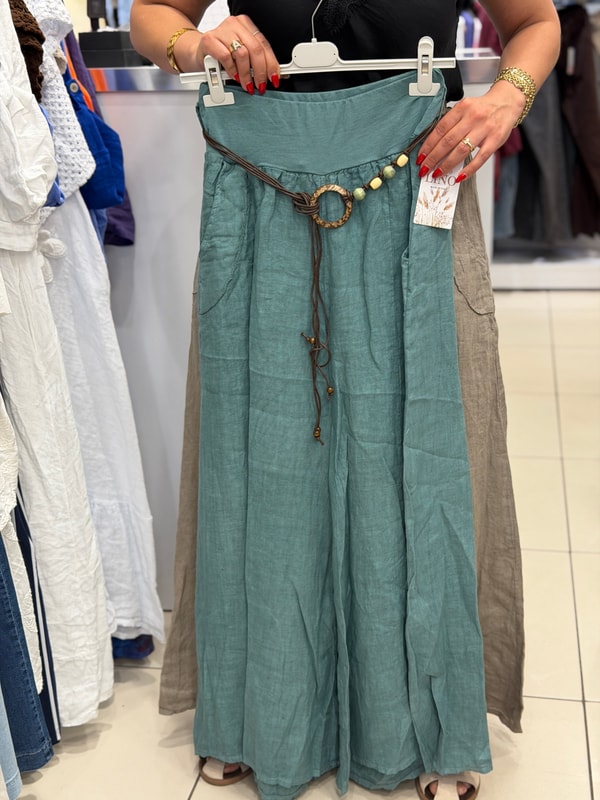 Beli Lastikli Kemer Detaylı Geniş Paça Pantolon Yeşil
