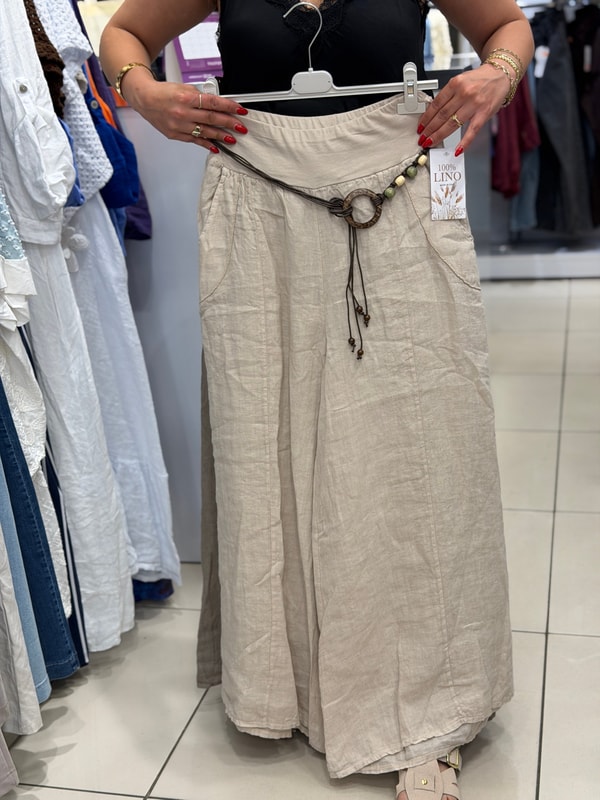 Beli Lastikli Kemer Detaylı Geniş Paça Pantolon Krem