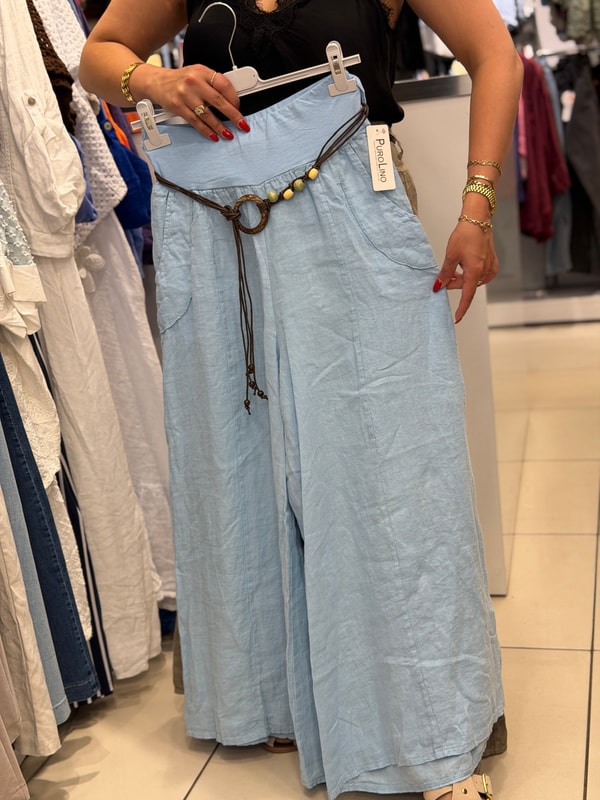 Beli Lastikli Kemer Detaylı Geniş Paça Pantolon Bebe Mavi