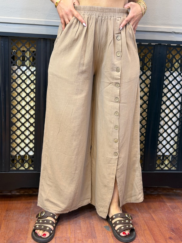 Düğme Detaylı Beli Lastikli Pantolon Camel