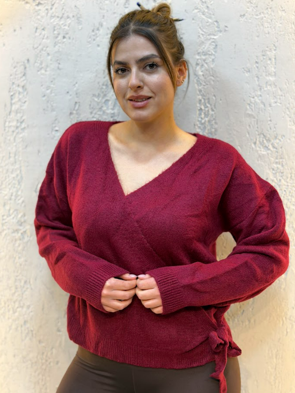 Fiyonklu Kruvaze Yaka Triko Bordo