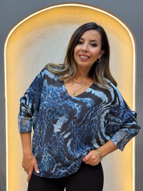 Karışık Leopar Desen İthal Bluz Buz Mavi