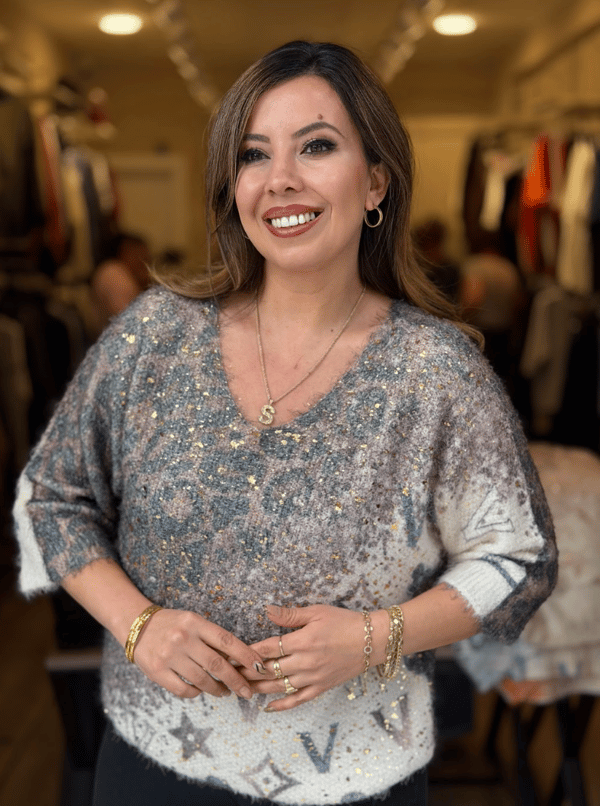 Leopar Desenli Altın Işıltı Detaylı İthal Bluz Vizon