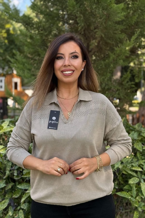 Polo Yaka Ajur Detaylı Pamuk Triko Vizon
