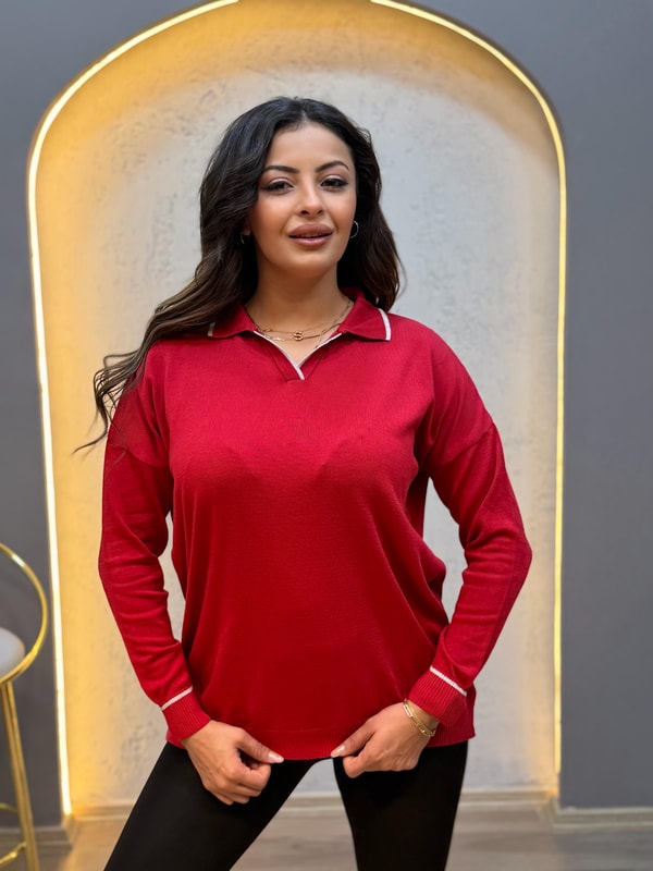 Polo Yaka Çizgili Merserize Triko Bluz Kırmızı