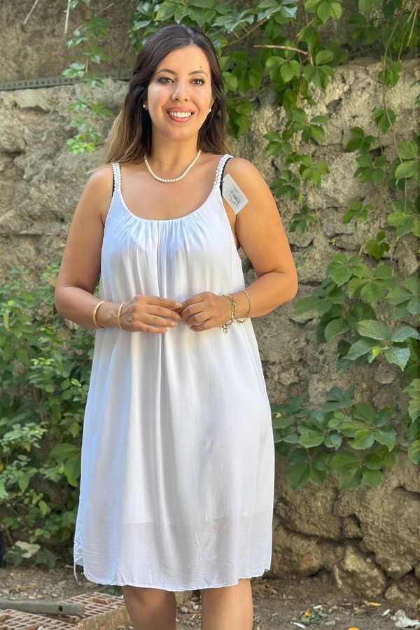 Sim Detaylı Askılı İthal Kısa Elbise Beyaz