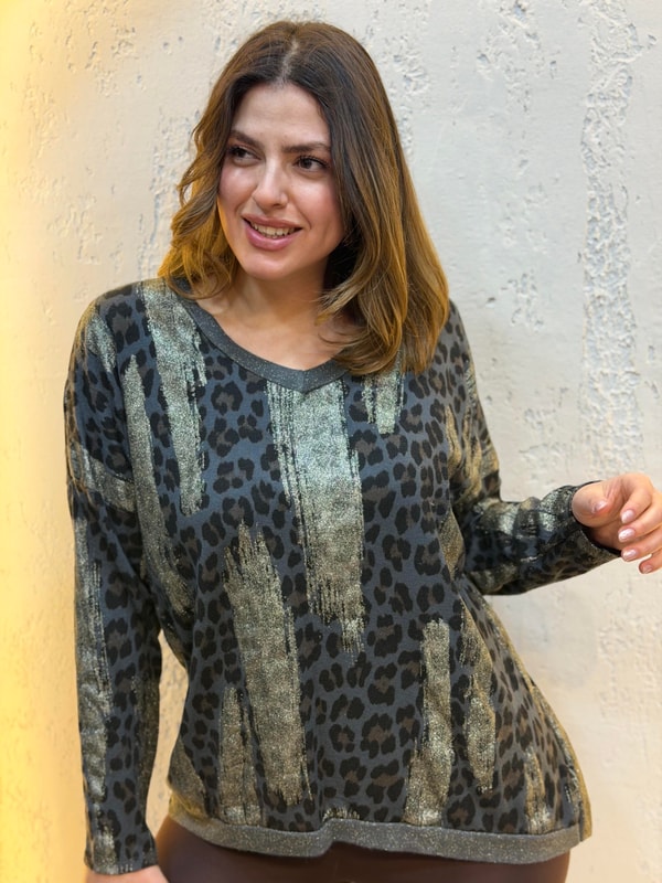 Sim Geçişli Leopar Desen İthal Bluz Füme