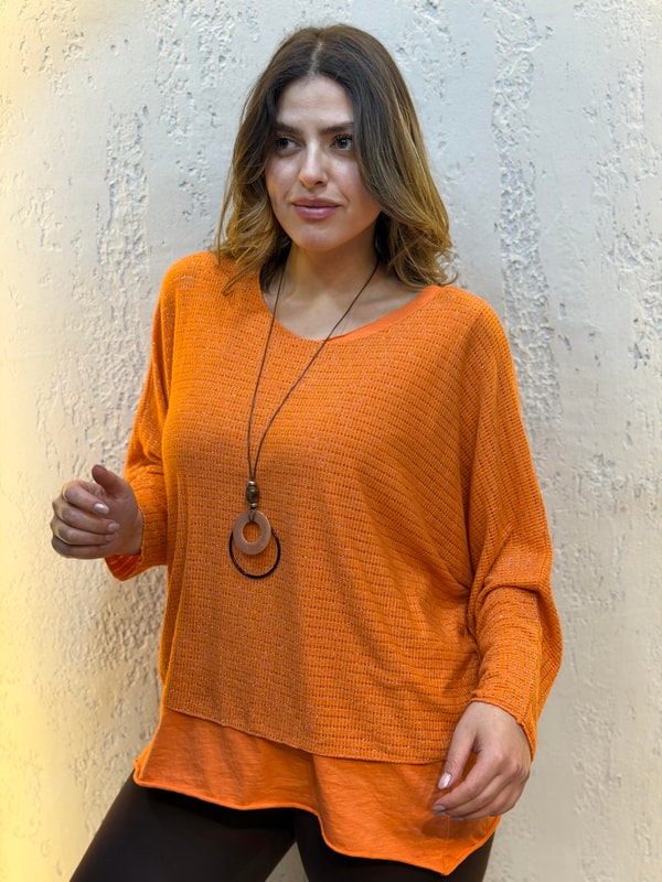 Sim Şerit Kolyeli İthal Üçlü Takım Bluz Turuncu