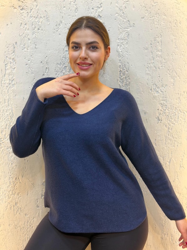 V Yaka İthal Kaşmir Bluz Lacivert