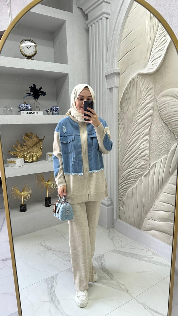 Fermuarlı Kot Detaylı Triko Takım · 3