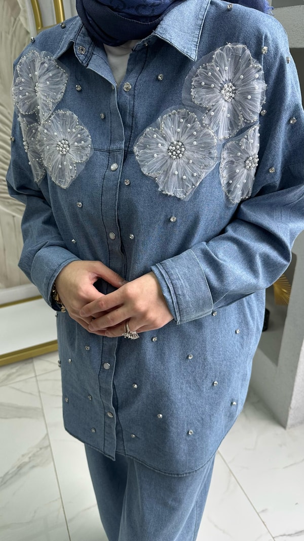 Yakası Çiçekli Taşlı Kot Takım