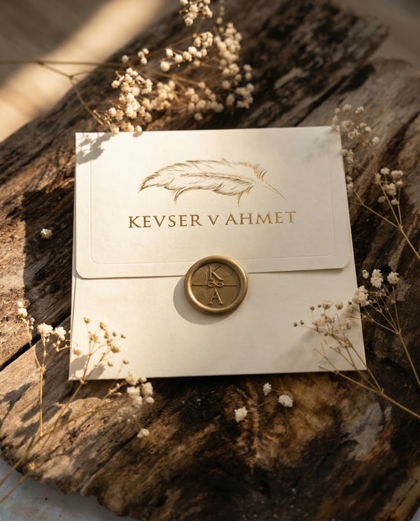 Altın Varak Tüy Detaylı Mühürlü Düğün Davetiyesi