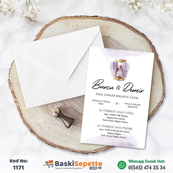 Beyaz Zarflı Kum Saatli Davetiye