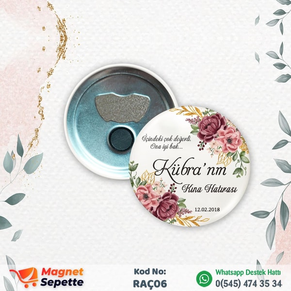 Çiçekli Kına Hatırası Rozet Magnet Açacak